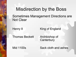 Misdirection by the Boss Sometimes Management Directions are Not Clear Henry II King of England Thomas Beckett Archbishop of  Canterbury Mid 1100s Sack cloth and ashes 