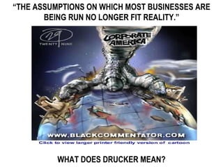“ THE ASSUMPTIONS ON WHICH MOST BUSINESSES ARE BEING RUN NO LONGER FIT REALITY.” WHAT DOES DRUCKER MEAN? 