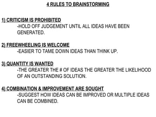 4 RULES TO BRAINSTORMING


1) CRITICISM IS PROHIBITED
        -HOLD OFF JUDGEMENT UNTIL ALL IDEAS HAVE BEEN
        GENERATED.

2) FREEWHEELING IS WELCOME
       -EASIER TO TAME DOWN IDEAS THAN THINK UP.

3) QUANTITY IS WANTED
      -THE GREATER THE # OF IDEAS THE GREATER THE LIKELIHOOD
      OF AN OUTSTANDING SOLUTION.

4) COMBINATION & IMPROVEMENT ARE SOUGHT
      -SUGGEST HOW IDEAS CAN BE IMPROVED OR MULTIPLE IDEAS
      CAN BE COMBINED.
 