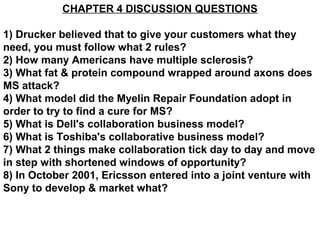 CHAPTER 4 DISCUSSION QUESTIONS

1) Drucker believed that to give your customers what they
need, you must follow what 2 rules?
2) How many Americans have multiple sclerosis?
3) What fat & protein compound wrapped around axons does
MS attack?
4) What model did the Myelin Repair Foundation adopt in
order to try to find a cure for MS?
5) What is Dell's collaboration business model?
6) What is Toshiba's collaborative business model?
7) What 2 things make collaboration tick day to day and move
in step with shortened windows of opportunity?
8) In October 2001, Ericsson entered into a joint venture with
Sony to develop & market what?
 