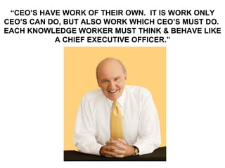 “ CEO’S HAVE WORK OF THEIR OWN.  IT IS WORK ONLY CEO’S CAN DO, BUT ALSO WORK WHICH CEO’S MUST DO.  EACH KNOWLEDGE WORKER MUST THINK & BEHAVE LIKE A CHIEF EXECUTIVE OFFICER.” 