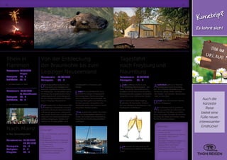 18 19
Rhein in
Flammen
Reisetermin:	07.07.2018 		
	Bingen
Reisepreis:	 26,- €
Schifffahrt:	 71,- €
•	 inkl. Abendessen an Bord
Reisetermin:	 15.09.2018
	 St. Goarshausen
Reisepreis:	 26,- €
Schifffahrt:	 71,- €
•	 inkl. Abendessen an Bord
Nach Mainz
in den Fernsehgarten
Reisetermine: 	15.07.2018
	26.08.2018
Reisepreis:	 25,- €
Stehplatz: 	 8,- €
Sitzplatz: 	 18,- €
Von der Entdeckung
der Braunkohle bis zum
Leipziger Neuseenland
Reisetermin:	18.07.2018
Reisepreis:	 64,- €
Die Parkgaststätte Falkenhain, das
Eingangstor zum Leipziger Neu-
seenland, begrüßt Sie mit einem lecke-
ren Mittagessen. Die Gaststätte liegt an
der Wiege des mitteldeutschen Braun-
kohlebergbaus und ist der Startpunkt
für Ihre heutige Rundfahrt mit Reiselei-
tung ins Leipziger Neuseenland.
Der Bergbau hat im Laufe seiner über
200jährigen Geschichte einerseits
eine jahrhundertealte Kulturlandschaft
in Anspruch genommen, andererseits
aber gerade durch seine Eingriffe selbst
wesentlich zur Kulturlandschaftsent-
wicklung beigetragen. Erleben und
erfahren Sie Europas größten Land-
schaftswandel in Dimension und
Tempo.
Erleben Sie anschließend bei einer
Rundfahrt mit dem Fahrgastschiff,
den einzigartigen Wandel vom Tage-
bau zur exklusiven Seenlandschaft. Die
einmalige Atmosphäre des Schiffes und
die faszinierenden Perspektiven der
Landschaft, lassen diese Fahrt zu einem
einmaligen Erlebnis werden.
Zum Kaffeetrinken werden Sie wieder
in der Parkgaststätte Falkenhain er-
wartet, bei musikalischer Unterhaltung
lassen Sie den Nachmittag gemütlich
ausklingen.
Tagesfahrt
nach Freyburg und
Naumburg
Reisetermin:	31.07.2018
Reisepreis:	 55,- €
Heute entführen wir Sie in eine
1.000jährige Weinbauregion - das
Saale-Unstrut-Tal. Die Schönheit der
Flusstäler und die Anmut der durch den
Terrassenweinbau geprägten Landschaft
versprühen einen mediterranen Zauber.
In der historischen Stadt Freyburg
entdecken Sie das leichte „Kribbeln“
bei einer Führung mit Verkostung in der
Rotkäppchen-Sektkellerei!
Hier erfahren Sie alles rund um die
Herstellung des Sektes mit der roten
Kappe.
Anschließend geht es zu Ihrer Ent-
deckungsreise durch Naumburg.
Von Ihrer örtlichen Gästeführung hören
Sie von der „Wilden Zicke“ und vom
„Uta-Treffen“ und lauschen Geschichten
„rund um den Dom“.
Danach haben Sie Zeit zum individu-
ellen Mittagessen.
Am Nachmittag wird es gemütlich:
Für eine gute Stunde fahren Sie mit
dem Schiff von Bad Kösen zur Rudels-
burg und zurück. Genießen Sie die Ruhe
der Saale bei Kaffee und Kuchen, bevor
Sie die Heimreise antreten.
Leistungen:
•	Hin- und Rückreise, sowie die
Fahrten vor Ort
•	ganztägige Gästeführung Freyburg,
Naumburg, Saale-Unstrut
(Rundfahrt)
•	1stündiger Rundgang Rotkäppchen
Sektkellerei mit Probe (1 Glas)
•	Saaleschifffahrt Bad Kösen-
Rudelsburg und zurück
•	Kaffeegedeck mit 2 Tassen Kaffee
und 1 Portion Kuchen an Bord
Leistungen:
•	Hin- und Rückreise, sowie die Fahr-
ten vor Ort
•	Mittagessen
•	Reiseleitung „Von der Entdeckung
der Braunkohle bis zum Leipziger
Neuseenland“
•	Schifffahrt (1 h)
•	Kaffee satt und Kuchenteller
•	musikalische Unterhaltung mit
einem Alleinunterhalter
Auch die
kürzeste
Reise
bietet eine
Fülle neuer,
interessanter
Eindrücke!
Kurztrip?
Es lohnt sich!
 