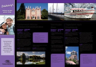 20 21
Gartenreich Wörlitz
Eine Gondelpartie durchs zauberhafte grüne Welterbe
Reisetermin:	07.08.2018
Reisepreis:	 57,- €
Willkommen im Gartenreich Des-
sau-Wörlitz. „Wörlitz ist keine lokale
Größe, nicht einmal eine deutsche, es ist
eine europäische, eine Weltangelegen-
heit…“ schrieb im Jahr 1925 der Kunsthis-
toriker Wilhelm van Kempen.
Mit Ihrer Gästeführung erliegen Sie für
gute 3 Stunden dem Zauberreich
dieses einzigartigen englischen Garten-
reiches. Sie hören von den entzückenden
Schlösschen Mosigkau und Luisium, erle-
ben Dessau als Bauhausstadt und folgen
den Spuren des UNESCO-Welterbes
entlang der Elbauen.
Nach der Mittagseinkehr im Wörlitzer
Park entdecken Sie vom Wasser aus
den Wörlitzer See, gondeln durch den
Wolfskanal und am Gotischen Haus vorbei
zurück zum Schloss.
Danach bleibt Zeit, um den Tag bei
einer individuellen Tasse Kaffee oder
einem Bummel ausklingen zu lassen.
Leistungen:
•	Hin- und Rückreise sowie die
Fahrten vor Ort
•	halbtägige Gästeführung „Wör-
litzer Gartenreich“
•	Mittagessen als Tellergericht
(verschiedene Wahlgerichte)
•	Gondelrundfahrt durch den
Wörlitzer Park
Steinhuder
Meer
Reisetermin:	09.08.2018
Reisepreis:	 38,- €
•	 11.00 Uhr Möglichkeit zu einer
Schifffahrt auf dem Steinhuder Meer
(Aufpreis).
•	 Anschließend Freizeit mit Möglich-
keit zum Besuch einer Aal-Räucherei
oder individuelles Mittagessen.
•	 Um 14.30 Uhr beginnt die ca. 1
stündige Rundfahrt mit dem Hei-
delbeer-Express mit fachkundiger
Führung.
•	 Anschließend Kaffeetrinken (1 Becher
Kaffee, Tee, Kakao und 1 Waffel mit
Sahne und reichlich Heidelbeeren).
•	 Zum Abschluss werden Sie noch zu
einer Heidelbeer-Weinprobe eingela-
den. Anschließend Heimreise.
Leistungen:
•	Hin- und Rückreise, sowie die
Fahrten vor Ort
•	1 Becher Kaffee oder Tee, Kakao
und 1 Waffel mit Sahne und reich-
lich Heidelbeeren
•	1 Fahrt mit fachkundiger Führung
im Heidelbeer-Express
Tagesfahrt nach
Magdeburg
Reisetermin:	04.09.2018
Reisepreis:	 52,- €
Idyllische Landschaft und ein Koloss aus
Stahl: Zu Beginn besichtigen Sie ein
Jahrhundertbauwerk - das Wasserstra-
ßenkreuz Magdeburg.
Das Herzstück - die mit 918 Metern
längste Kanalbrücke der Welt - führt
den Mittellandkanal über die Elbe in
den Elbe-Havel-Kanal. Staunen Sie über
dieses beeindruckende Bauwerk, ehe Sie
Ihre Fahrt in die Ottostadt Magdeburg
fortsetzen.
Ein Jahrtausend bewegter Geschich-
te erwartet Sie hier während der
geführten Tour durch die Stadt. Der
Lieblingsort von Kaiser Otto I. überrascht
mit einem Mix aus Geschichte, Archi-
tektur und Lebendigkeit. Natürlich darf
ein Blick auf die Grüne Zitadelle nicht
fehlen: die Pracht des letzten von Frie-
densreich Hundertwasser geschaffenen
Baukunstwerks mit leuchtend goldenen
Kugeln auf den Türmen.
Nach dem Mittagessen in der Innen-
stadt bringt Sie am Nachmittag die
Weiße Flotte mit dem Schiff zur Kaffee-
zeit in Richtung Schönebeck (2 ¼ Std.).
Genießen Sie die Ruhe des Stroms und
Magdeburg vom Wasser aus. Die Crew
an Bord versorgt Sie mit Kaffee und
Kuchen.
Leistungen:
•	Hin- und Rückreise, sowie die
Fahrten vor Ort
•	4stündige Rundfahrt Magde-
burg mit Domviertel und Aus-
stieg „Wasserstraßenkreuz“
•	2 ¼ stündige Schifffahrt Rich-
tung Schönebeck inkl. 1 Pott
Kaffee und Kuchen
Gemeinsamer
Ausflug mit
Shopping-
erlebnis, Stadt-
besichtigung
und einem Selfi
für Mama!
Städtetrip!
Schluss mit dem
grauen Alltag.
 