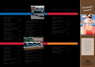 6
Fahrten auf einen Blick
Weihnachtsmarktfahrten
•	 Weihnachtsmarkt in Fulda
und Besuch Kloster Frauenberg
11.12.2018	 Seite 87
•	 Advent im Thüringer Kristallhof –
wie man ihn von früher kennt
12.12.2018	 Seite 87
•	 Weihnachtsmarkt in Essen
14.12.2018	 Seite 88
•	 Tagesfahrt mit weihnachtlichem
Programm im Harz
15.12.2018	 Seite 88
•	 Zum Einstimmen auf die Weihnachtszeit
ein „Weihnachtsliederabend“
mit dem Kreuzchor in Dresden
22.12.2018	 Seite 89
Silvesterfahrten
•	 5 Tage Silvesterreise nach Ostfriesland
„Erfrischend Friesisch“
28.12.2018 – 01.01.2019	 Seite 90
•	 4 Tage märchenhafte Silvesterreise
nach Südböhmen
30.12.2018 – 02.12.2019	 Seite 91
Mehrtagesfahrten
•	 4 Tage Mecklenburgische Seenplatte
„Land der 1000 Seen“
26.07. – 29.07.2018	 Seite 64
•	 6 Tage Kleinwalsertal
05.08. – 10.08.2018	 Seite 65
•	 6 Tage zwischen Schwarzwald
und Elsass, wo der Rhein fließt
und die Weinberge locken
06.08. – 11.08.2018	 Seite 67
•	 6 Tage Nordfriesland inkl. Besuch der
Inseln Sylt und Föhr mit dem einzigartigen
Weltnaturerbe Wattenmeer
13.08. – 18.08.2018	 Seite 68
•	 6 Tage Radreise
Mecklenburger Seenplatte
27.08. – 01.09.2018	 Seite 69
•	 8 Tage - Plattensee *All Inklusive*
06.09. – 13.09.2018	 Seite 71
•	 3 Tagesfahrt in den Spreewald
14.09. – 16.09.2018	 Seite 72
•	 8 Tage Flugreise Kroatien / Dalmatien
an der zauberhaften Makarska Riviera
22.09. – 29.09.2018	 Seite 73
•	 8 Erlebnistage in der Steiermark'
23.09. – 30.09.2018	 Seite 76
•	 5 Tage Alpenländischer
Musikherbst in Tirol
03.10.– 07.10.2018	 Seite 78
•	 4 Tage Bad Neuenahr im Ahrtal –
zwischen Rhein und Eifel
05.10. – 08.10.2018	 Seite 80
•	 15 Tage Kururlaub Swinemünde
13.10. – 27.10.2018	 Seite 81
Fahrten auf einen Blick
Weihnachtsmarktfahrten
•	 Weihnachtsmarkt in...
Erfurt - 30.11.2018
Köln - 01.12.2018
Lauscha - 01.12.2018	 Seite 82
•	 Schloss Bückeburg
Weihnachtszauber
02.12.2018	 Seite 82
•	 Weihnachtsmarkt in...
Leipzig - 03.12.2018
Kassel - 04.12.2018	 Seite 82
•	 Weihnachtsmarkt und adventliches
Kaffeetrinken in Leipzig
06.12.2018	 Seite 83
•	 Celle
Weihnachtsmarkt und Orchideen
07.12.2018	 Seite 83
•	 Historischer Weihnachtsmarkt
auf der Wartburg
08.12.2018	 Seite 84
•	 Weihnachtsmarkt in Quedlinburg
09.12.2018	 Seite 84
•	 Weihnachtsmarkt in Dortmund
10.12.2018	 Seite 85
•	 3 Tage vorweihnachtliche Gemütlichkeit
im Odenwald
11.12. – 13.12.2018	 Seite 85
7
Wir würden
uns freuen
Ihren Urlaub
mit Ihnen
zu planen!
Urlaubsziel
entdeckt?
Unsere Busflotte am Standort Kreuzebra!
 