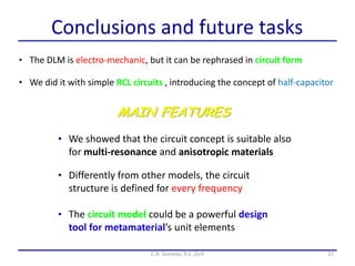Conclusions and future tasks
• We did it with simple RCL circuits , introducing the concept of half-capacitor
21C.A. Gonano, R.E. Zich
• The DLM is electro-mechanic, but it can be rephrased in circuit form
• The circuit model could be a powerful design
tool for metamaterial’s unit elements
MAIN FEATURES
• We showed that the circuit concept is suitable also
for multi-resonance and anisotropic materials
• Differently from other models, the circuit
structure is defined for every frequency
 