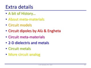 Extra details
• A bit of History…
• About meta-materials
• Circuit models
• Circuit dipoles by Alù & Engheta
23C.A. Gonano, R.E. Zich
• Circuit meta-materials
• 2-D dielectris and metals
• Circuit metals
• More circuit analog
 