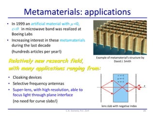 Metamaterials: applications
28C.A. Gonano, R.E. Zich
• In 1999 an artificial material with m <0,
e0 in microwave band was realized at
Boeing Labs
• Increasing interest in these metamaterials
during the last decade
(hundreds articles per year!)
Relatively new research field,
with many applications ranging from:
Example of metamaterial’s structure by
David J. Smith
• Cloaking devices
• Selective frequency antennas
• Super-lens, with high resolution, able to
focus light through plane interface
(no need for curve slabs!)
lens slab with negative index
 