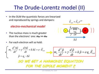 The Drude-Lorentz model (II)
• In the DLM the quantistic forces are linearized
and reproduced by springs and dampers:
• For each electron will so hold:
6C.A. Gonano, R.E. Zich
xqp e


exte Eexk
dt
xd
dt
xd
m






2
2
• The nucleus mass is much greater
than the electrons’ one: mp >> me
extee Eqepk
dt
pd
dt
pd
m


2
2
SO WE GET A HARMONIC EQUATION
FOR THE DIPOLE MOMENT P
electro-mechanical model
 