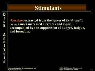 5-7
©2011, 2008 Pearson Education, Inc.
Upper Saddle River, NJ 07458
FORENSIC SCIENCE: An Introduction, 2nd
ed.
By Richard Saferstein
Stimulants
•Cocaine, extracted from the leaves of Erythroxylin
coca, causes increased alertness and vigor,
accompanied by the suppression of hunger, fatigue,
and boredom.
 