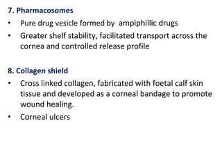 7. Pharmacosomes
• Pure drug vesicle formed by ampiphillic drugs
• Greater shelf stability, facilitated transport across the
cornea and controlled release profile
8. Collagen shield
• Cross linked collagen, fabricated with foetal calf skin
tissue and developed as a corneal bandage to promote
wound healing.
• Corneal ulcers
 