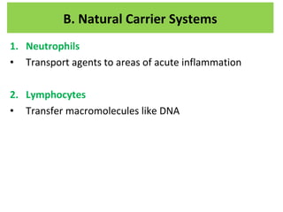 1. Neutrophils
• Transport agents to areas of acute inflammation
2. Lymphocytes
• Transfer macromolecules like DNA
B. Natural Carrier Systems
 