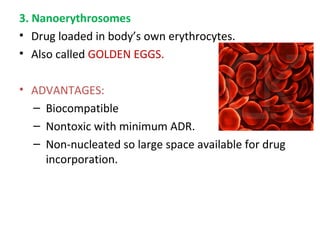 3. Nanoerythrosomes
• Drug loaded in body’s own erythrocytes.
• Also called GOLDEN EGGS.
• ADVANTAGES:
– Biocompatible
– Nontoxic with minimum ADR.
– Non-nucleated so large space available for drug
incorporation.
 