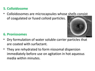 5. Colloidosome
• Colloidosomes are microcapsules whose shells consist
of coagulated or fused colloid particles.
6. Proniosomes
• Dry formulation of water soluble carrier particles that
are coated with surfactant.
• They are rehydrated to form niosomal dispersion
immediately before use on agitation in hot aqueous
media within minutes.
 