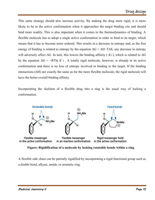 Drug design
Medicinal chemistry-II Page 15
This same strategy should also increase activity. By making the drug more rigid, it is more
likely to be in the active conformation when it approaches the target binding site and should
bind more readily. This is also important when it comes to the thermodynamics of binding. A
flexible molecule has to adopt a single active conformation in order to bind to its target, which
means that it has to become more ordered. This results in a decrease in entropy and, as the free
energy of binding is related to entropy by the equation ΔG = ΔH−TΔS, any decrease in entropy
will adversely affect ΔG. In turn, this lowers the binding affinity ( Ki ), which is related to ΔG
by the equation ΔG = −RTln K i . A totally rigid molecule, however, is already in its active
conformation and there is no loss of entropy involved in binding to the target. If the binding
interactions (ΔH) are exactly the same as for the more flexible molecule, the rigid molecule will
have the better overall binding affinity.
Incorporating the skeleton of a flexible drug into a ring is the usual way of locking a
conformation.
Figure: Rigidification of a molecule by locking rotatable bonds within a ring
A flexible side chain can be partially rigidified by incorporating a rigid functional group such as
a double bond, alkyne, amide, or aromatic ring.
 