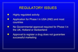 Highly regulated activity Application for Phase I in USA (IND) and most countries No Governmental approval required for Phase I in the UK, Holland or Switzerland Approval to register a drug does not guarantee successful marketing REGULATORY ISSUES 
