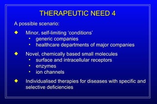 A possible scenario: Minor, self-limiting ‘conditions’ generic companies healthcare departments of major companies Novel, chemically based small molecules surface and intracellular receptors enzymes ion channels Individualised therapies for diseases with specific and selective deficiencies THERAPEUTIC NEED 4 