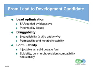 From Lead to Development Candidate

         Lead optimization
           SAR guided by bioassays
           Patentability...