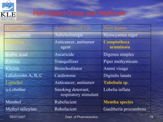 Plant Based Drugs and Medicines   Gaultheria procumbens Rubefacient Methyl salicylate Mentha  species Rubefacient Menthol Lobelia inflata Smoking deterrant, respiratory stimulant a-Lobeline  Tabebuia  sp. Anticancer, antitumor Lapachol Digitalis lanata Cardiotonic Lanatosides A, B, C Ammi visaga Bronchodilator Kheltin Piper methysticum Tranquillizer Kawain Digenea simplex Ascaricide Kaibic acud Camptotheca   acuminata Anticancer, antitumor agent Irinotecan   Hyoscyamus niger Anticholinergic Hyoscyamine Plant Source Action/Clinical Use Drug/Chemical 