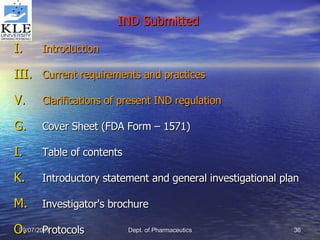 IND Submitted Introduction Current requirements and practices Clarifications of present IND regulation Cover Sheet (FDA Form – 1571) Table of contents Introductory statement and general investigational plan Investigator's brochure Protocols 
