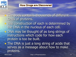 The body contains thousands of different kinds of proteins.  The construction of each is determined by the DNA in the nucleus of each cell.  DNA may be thought of as long strings of instructions which code for how each protein is too be built.  The DNA is just a long string of acids that serves as a message about how to make proteins.  