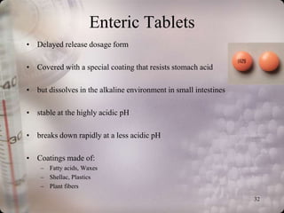 Enteric Tablets
• Delayed release dosage form

• Covered with a special coating that resists stomach acid

• but dissolves in the alkaline environment in small intestines

• stable at the highly acidic pH

• breaks down rapidly at a less acidic pH

• Coatings made of:
    – Fatty acids, Waxes
    – Shellac, Plastics
    – Plant fibers

                                                                  32
 