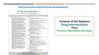 http://primaryinfo.com/projects/drug-intermediates.htm
Contents of the Database
Drug Intermediates
From
Primary Information Services
 