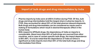 • Pharma imports by India were at USD 6.5 billion during FY20. Of this, bulk
drugs and drug intermediates hold the largest share in pharma imports. In
FY20, they accounted for about 53% of the total pharma inbound shipments.
Bulk drugs and drug intermediates can be considered as inputs used in
making of formulations which result in desired therapeutic effect in the
human body
• With respect to API/bulk drugs, the dependency of India on imports is
considerable. About more than 60% of bulk drugs are sourced from other
countries, and in case of certain specific bulk drugs, the import dependence
is 80%-90%. It is to be noted that the dependence of India on China is
significant as India imports more than 65% of the total bulk drugs and drug
intermediates from China
Import of bulk drugs and drug intermediates by India
 