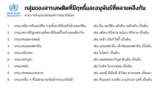 กลุ่มของสารเสพติดถี่มีฤถธิ์และอนุพันธ์ถี่คลายคลึงกัน
ตามการจาแนกขององค์การอนามัยโลก
1. ประเภทฝิ่น หรือมอร์ฟีน รวมทั้งยาที่มีฤทธิ์คล้ายมอร์ฟีน เช่น ฝิ่น มอร์ฟีน เฮโรอีน เพทินดีน เป็นต้น
2. ประเภทบาร์บิทูเรตรวมทั้งยาที่มีฤทธิ์ในทานองเดียวกัน เช่น เซโคบาร์บิทาล อะโมบาร์บิทาล เป็นต้น
3. ประเภทแอลกอฮอล์ เช่น เหล้า เบียร์ วิสกี้ เป็นต้น
4. ประเภทแอมเฟตามีน เช่น แอมเฟตามีน เด็กซ์แอมเฟตามีน เป็นต้น
5. ประเภทโคเคน เช่น ใบโคคา เป็นต้น
6. ประเภทกัญชา เช่น ยอดช่อดอกกัญชาตัวเมีย เป็นต้น
7. ประเภทคัท เช่น ใบคัท ใบกระท่อม เป็นต้น
8. ประเภทหลอนประสาท เช่น แอลดี ดีเอ็มที ลาโพง สารระเหย เห็ดเมา
9. ประเภทอื่น ๆ ที่ไม่สามารถจัดเข้าประเภทใดได้ เช่น ทินเนอร์ เบนซิน ยาแก้ปวด บุหรี่ เป็นต้น
 