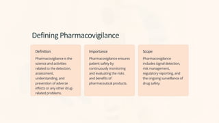 Defining Pharmacovigilance
Definition
Pharmacovigilance is the
science and activities
related to the detection,
assessment,
understanding, and
prevention of adverse
effects or any other drug-
related problems.
Importance
Pharmacovigilance ensures
patient safety by
continuously monitoring
and evaluating the risks
and benefits of
pharmaceutical products.
Scope
Pharmacovigilance
includes signal detection,
risk management,
regulatory reporting, and
the ongoing surveillance of
drug safety.
 