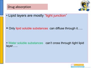 Drug absorption
• Lipid layers are mostly “tight junction”
 Only lipid soluble substances can diffuse through it…..

 Water soluble substances can’t cross through tight lipid
layer…..

 