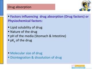 Drug absorption
 Factors influencing drug absorption (Drug factors) or
Physiochemical factors:
 Lipid solubility of drug
 Nature of the drug
 pH of the media (Stomach & Intestine)
 pKa of the drug
 Molecular size of drug
 Disintegration & dissolution of drug

 