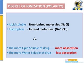 DEGREE OF IONIZATION (POLARITY)

 Lipid soluble = Non-ionized molecules (NaCl)
 Hydrophilic = Ionized molecules. (Na+, Cl- ).
So,
The more Lipid Soluble of drug------more absorption
The more Water Soluble of drug-----less absorption

 