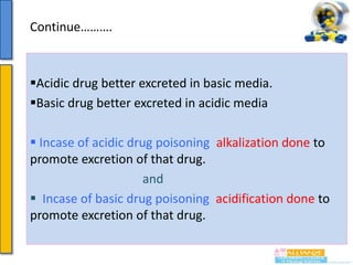 Continue……….

Acidic drug better excreted in basic media.
Basic drug better excreted in acidic media
 Incase of acidic drug poisoning alkalization done to
promote excretion of that drug.
and
 Incase of basic drug poisoning acidification done to
promote excretion of that drug.

 