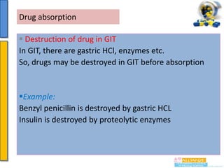 Drug absorption
 Destruction of drug in GIT
In GIT, there are gastric HCl, enzymes etc.
So, drugs may be destroyed in GIT before absorption

Example:
Benzyl penicillin is destroyed by gastric HCL
Insulin is destroyed by proteolytic enzymes

 