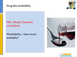 Drug Bio-availability

Bio: Blood ( Systemic
circulation)

Availability : How much
available?

 