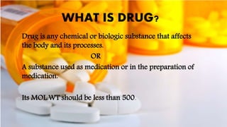 WHAT IS DRUG?
Drug is any chemical or biologic substance that affects
the body and its processes.
OR
A substance used as medication or in the preparation of
medication.
Its MOL.WT should be less than 500.
 