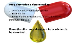 Drug absorption is determined by:
1) Drug’s physicochemical properties
2) Formulation
3) Route of administration(oral, buccal, inhalation,
parenteral, topical).
Regardless the route, drug must be in solution to
be absorbed.
 