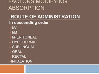 DRUG ABSORPTION .pharmacology lecture pptx | PPTX