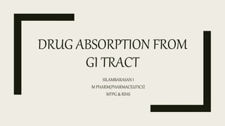 DRUG ABSORPTION FROM
GI TRACT
SILAMBARASAN I
M PHARM(PHARMACEUTICS)
MTPG & RIHS
 