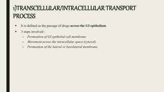 1)TRANSCELLULAR/INTRACELLULAR TRANSPORT
PROCESS
 It is defined as the passage of drugs across the GI epithelium.
 3 steps involved :
– Permeation of GI epithelial cell membrane
– Movement across the intracellular space (cytosol).
– Permeation of the lateral or basolateral membrane.
 