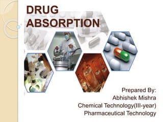 DRUG
ABSORPTION
Prepared By:
Abhishek Mishra
Chemical Technology(III-year)
Pharmaceutical Technology
 