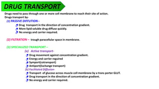 DRUG TRANSPORT
Drugs need to pass through one or more cell membrane to reach their site of action.
Drugs transport by-
(1)...