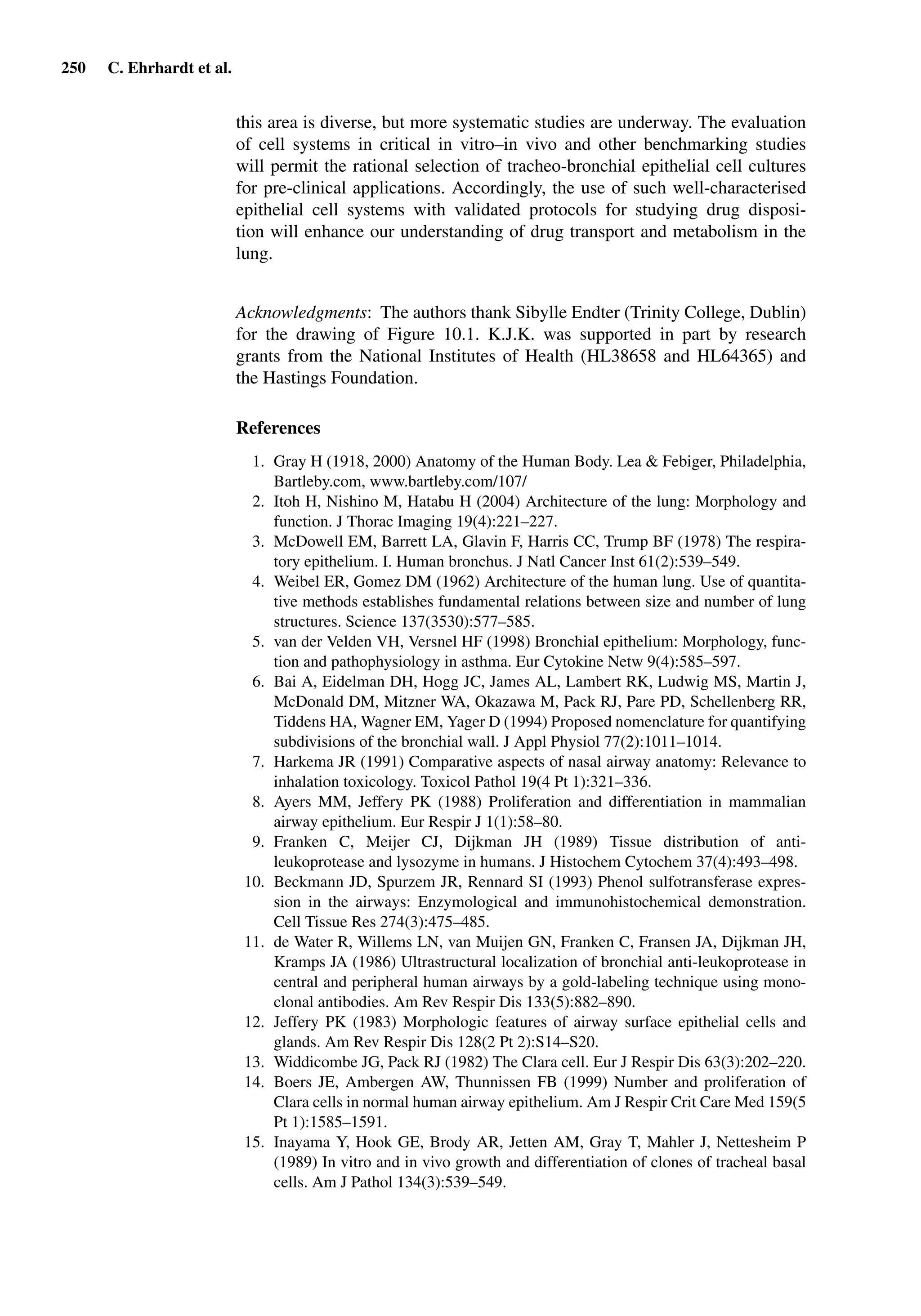 250 C. Ehrhardt et al.
this area is diverse, but more systematic studies are underway. The evaluation
of cell systems in critical in vitro–in vivo and other benchmarking studies
will permit the rational selection of tracheo-bronchial epithelial cell cultures
for pre-clinical applications. Accordingly, the use of such well-characterised
epithelial cell systems with validated protocols for studying drug disposi-
tion will enhance our understanding of drug transport and metabolism in the
lung.
Acknowledgments: The authors thank Sibylle Endter (Trinity College, Dublin)
for the drawing of Figure 10.1. K.J.K. was supported in part by research
grants from the National Institutes of Health (HL38658 and HL64365) and
the Hastings Foundation.
References
1. Gray H (1918, 2000) Anatomy of the Human Body. Lea & Febiger, Philadelphia,
Bartleby.com, www.bartleby.com/107/
2. Itoh H, Nishino M, Hatabu H (2004) Architecture of the lung: Morphology and
function. J Thorac Imaging 19(4):221–227.
3. McDowell EM, Barrett LA, Glavin F, Harris CC, Trump BF (1978) The respira-
tory epithelium. I. Human bronchus. J Natl Cancer Inst 61(2):539–549.
4. Weibel ER, Gomez DM (1962) Architecture of the human lung. Use of quantita-
tive methods establishes fundamental relations between size and number of lung
structures. Science 137(3530):577–585.
5. van der Velden VH, Versnel HF (1998) Bronchial epithelium: Morphology, func-
tion and pathophysiology in asthma. Eur Cytokine Netw 9(4):585–597.
6. Bai A, Eidelman DH, Hogg JC, James AL, Lambert RK, Ludwig MS, Martin J,
McDonald DM, Mitzner WA, Okazawa M, Pack RJ, Pare PD, Schellenberg RR,
Tiddens HA, Wagner EM, Yager D (1994) Proposed nomenclature for quantifying
subdivisions of the bronchial wall. J Appl Physiol 77(2):1011–1014.
7. Harkema JR (1991) Comparative aspects of nasal airway anatomy: Relevance to
inhalation toxicology. Toxicol Pathol 19(4 Pt 1):321–336.
8. Ayers MM, Jeffery PK (1988) Proliferation and differentiation in mammalian
airway epithelium. Eur Respir J 1(1):58–80.
9. Franken C, Meijer CJ, Dijkman JH (1989) Tissue distribution of anti-
leukoprotease and lysozyme in humans. J Histochem Cytochem 37(4):493–498.
10. Beckmann JD, Spurzem JR, Rennard SI (1993) Phenol sulfotransferase expres-
sion in the airways: Enzymological and immunohistochemical demonstration.
Cell Tissue Res 274(3):475–485.
11. de Water R, Willems LN, van Muijen GN, Franken C, Fransen JA, Dijkman JH,
Kramps JA (1986) Ultrastructural localization of bronchial anti-leukoprotease in
central and peripheral human airways by a gold-labeling technique using mono-
clonal antibodies. Am Rev Respir Dis 133(5):882–890.
12. Jeffery PK (1983) Morphologic features of airway surface epithelial cells and
glands. Am Rev Respir Dis 128(2 Pt 2):S14–S20.
13. Widdicombe JG, Pack RJ (1982) The Clara cell. Eur J Respir Dis 63(3):202–220.
14. Boers JE, Ambergen AW, Thunnissen FB (1999) Number and proliferation of
Clara cells in normal human airway epithelium. Am J Respir Crit Care Med 159(5
Pt 1):1585–1591.
15. Inayama Y, Hook GE, Brody AR, Jetten AM, Gray T, Mahler J, Nettesheim P
(1989) In vitro and in vivo growth and differentiation of clones of tracheal basal
cells. Am J Pathol 134(3):539–549.
 