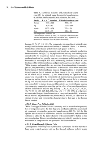 98 J. A. Nicolazzo and B. C. Finnin
Table 4.1 Epithelial thickness and permeability coefﬁ-
cient (P) for tritiated water through the buccal mucosa
of different species together with epithelial thickness.
Species P × 10−7 (cm/min) Epithelial thickness (µm)
Human 579 ± 122 580 ± 90
Pig 634 ± 60 772 ± 150
Monkey 1,025 ± 154 271 ± 50
Dog 1,045 ± 37 126 ± 20
Data are presented as mean ± SD.
Table taken from Squier et al. 1996 [125]. Copyright (1996) From: Oral
Mucosal Drug Delivery, by Michael J. Rathbone (Ed.). Reproduced by
permission of Routledge/Taylor & Francis Group, LLC.
humans [2, 76, 87, 114, 125]. The comparative permeability of tritiated water
through various animal species and humans is shown in Table 4.1. In addition,
the thickness of the buccal epithelium in each species is shown.
Because of the physiologic, anatomic, nutritional, and metabolic similarities
between humans and pigs [31], the pig has become a widely used and important
animal model for research on human disease. The buccal mucosa of pigs is
nonkeratinized and has a similar structure, morphology, and composition to the
human buccal mucosa [24, 123, 126]. Additionally, as shown in Table 4.1, the
thickness of the epithelia in human and porcine buccal mucosa is fairly similar.
While structure and morphology are important determinants in the comparative
process, the permeability characteristics of the model tissue must reﬂect the
barrier nature of the human buccal mucosa. The permeability of tritiated water
through porcine buccal mucosa has been shown to be very similar to that
of the human buccal mucosa [72], and more recently, no signiﬁcant differ-
ences were observed in the permeability of mannitol or testosterone through
the porcine and the human buccal mucosa [87]. Because of the large amounts
of pig oral mucosa available from slaughterhouses and the similar structure
and permeability to human tissue, most laboratories use porcine buccal mucosa
when assessing mucosal permeability and the effect of various chemical pen-
etration enhancers on mucosal drug delivery [7, 20, 28, 30, 38, 41, 47, 48, 54,
70, 79, 80–84, 104, 105, 108, 110, 112, 130, 147, 148, 153]. It is therefore
recommended that preclinical evaluation of compound permeability across the
buccal mucosa be performed with porcine buccal mucosa, as a result of its
similar structure and permeability characteristics to that seen in the human
buccal mucosa.
4.5.2.2. Franz-Type Diffusion Cells
While Franz-type diffusion cells are commonly used to assess in vitro penetra-
tion of compounds across the skin, they have also been used for the assessment
of compound permeability across the buccal mucosa [19, 71, 104]. In this
system, buccal mucosa is sandwiched between two chambers, and compound
solution is added to the donor chamber with compound-free buffer in the
receptor chamber. The receptor chamber is then periodically sampled to assess
the amount of compound that has permeated the tissue over time.
4.5.2.3. Flow-Through Diffusion Cells
Although more commonly used in permeation experiments for skin, there have
been some research groups who use ﬂow-through diffusion cells to assess
 