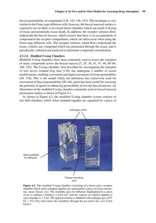 Chapter 4 In Vivo and In Vitro Models for Assessing Drug Absorption 99
buccal permeability of compounds [128, 142–146, 153]. This technique is very
similar to the Franz-type diffusion cells; however, the buccal mucosal surface is
exposed to air (as there is no closed donor chamber) which can result in drying
of tissue and potentially tissue death. In addition, the receptor solution ﬂows
underneath the buccal mucosa, which ensures that there is no accumulation of
compound in the receptor compartment, which can often occur when using the
Franz-type diffusion cells. The receptor solution, which ﬂows underneath the
tissue, collects any compound which has permeated through the tissue, and is
periodically collected and analyzed to determine compound concentration.
4.5.2.4. Modiﬁed Ussing Chambers
Modiﬁed Ussing chambers have been commonly used to assess the transport
of many compounds across the buccal mucosa [7, 28, 30, 41, 47, 48, 80–84,
106, 107]. The Ussing chamber, ﬁrst described for investigating the transport
of ions across isolated frog skin [139], has undergone a number of recent
modiﬁcations, enabling convenient and rapid assessment of tissue permeability
[40, 118]. This is the model which our laboratory has extensively used for
assessment of buccal permeability [80–84], and it has been useful for assessing
the potential of agents in enhancing permeability across the buccal mucosa. An
illustration of the modiﬁed Ussing chamber commonly used in buccal mucosal
permeation studies is shown in Figure 4.2.
As shown in Figure 4.2, the modiﬁed Ussing chamber system consists of
two half chambers which when clamped together are separated by a piece of
DONOR
Tissue-mounting
pins
Carbogen
Area available
for diffusion
RECEPTOR
ports
Figure 4.2 The modiﬁed Ussing chamber consisting of a donor and a receptor
chamber which when clamped together are separated by a piece of tissue (intesti-
nal, nasal, buccal, etc). The available area for diffusion (highlighted in a green
circle to enhance visibility) is 0.64 cm2 and the volume of solution applied to
each chamber is 1.5 ml. The applied solution is bubbled with carbogen gas (95%
O2 + 5% CO2) that enters the chambers through the gas ports (See also Color
Insert.)
 