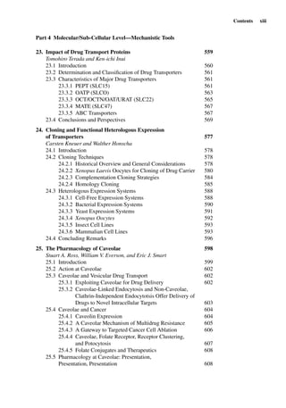 Contents xiii
Part 4 Molecular/Sub-Cellular Level—Mechanistic Tools
23. Impact of Drug Transport Proteins 559
Tomohiro Terada and Ken-ichi Inui
23.1 Introduction 560
23.2 Determination and Classiﬁcation of Drug Transporters 561
23.3 Characteristics of Major Drug Transporters 561
23.3.1 PEPT (SLC15) 561
23.3.2 OATP (SLCO) 563
23.3.3 OCT/OCTN/OAT/URAT (SLC22) 565
23.3.4 MATE (SLC47) 567
23.3.5 ABC Transporters 567
23.4 Conclusions and Perspectives 569
24. Cloning and Functional Heterologous Expression
of Transporters 577
Carsten Kneuer and Walther Honscha
24.1 Introduction 578
24.2 Cloning Techniques 578
24.2.1 Historical Overview and General Considerations 578
24.2.2 Xenopus Laevis Oocytes for Cloning of Drug Carrier 580
24.2.3 Complementation Cloning Strategies 584
24.2.4 Homology Cloning 585
24.3 Heterologous Expression Systems 588
24.3.1 Cell-Free Expression Systems 588
24.3.2 Bacterial Expression Systems 590
24.3.3 Yeast Expression Systems 591
24.3.4 Xenopus Oocytes 592
24.3.5 Insect Cell Lines 593
24.3.6 Mammalian Cell Lines 593
24.4 Concluding Remarks 596
25. The Pharmacology of Caveolae 598
Stuart A. Ross, William V. Everson, and Eric J. Smart
25.1 Introduction 599
25.2 Action at Caveolae 602
25.3 Caveolae and Vesicular Drug Transport 602
25.3.1 Exploiting Caveolae for Drug Delivery 602
25.3.2 Caveolae-Linked Endocytosis and Non-Caveolae,
Clathrin-Independent Endocytotsis Offer Delivery of
Drugs to Novel Intracellular Targets 603
25.4 Caveolae and Cancer 604
25.4.1 Caveolin Expression 604
25.4.2 A Caveolar Mechanism of Multidrug Resistance 605
25.4.3 A Gateway to Targeted Cancer Cell Ablation 606
25.4.4 Caveolae, Folate Receptor, Receptor Clustering,
and Potocytosis 607
25.4.5 Folate Conjugates and Therapeutics 608
25.5 Pharmacology at Caveolae: Presentation,
Presentation, Presentation 608
 