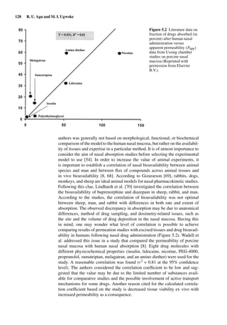128 R. U. Agu and M. I. Ugwoke
Figure 5.2 Literature data on
fraction of drugs absorbed (in
percent) after human nasal
administration versus
apparent permeability (Papp)
data from Ussing chamber
studies on porcine nasal
mucosa (Reprinted with
permission from Elsevier
B.V.).
authors was generally not based on morphological, functional, or biochemical
comparison of the model to the human nasal mucosa, but rather on the availabil-
ity of tissues and expertise in a particular method. It is of utmost importance to
consider the aim of nasal absorption studies before selecting the experimental
model to use [54]. In order to increase the value of animal experiments, it
is important to establish a correlation of nasal bioavailability between animal
species and man and between ﬂux of compounds across animal tissues and
in vivo bioavailability [8, 68]. According to Gizurarson [69], rabbits, dogs,
monkeys, and sheep are ideal animal models for nasal pharmacokinetic studies.
Following this clue, Lindhardt et al. [70] investigated the correlation between
the bioavailability of buprenorphine and diazepam in sheep, rabbit, and man.
According to the studies, the correlation of bioavailability was not optimal
between sheep, man, and rabbit with differences in both rate and extent of
absorption. The observed discrepancy in absorption may be due to anatomical
differences, method of drug sampling, and dosimetry-related issues, such as
the site and the volume of drug deposition in the nasal mucosa. Having this
in mind, one may wonder what level of correlation is possible to achieve
comparing results of permeation studies with excised tissues and drug bioavail-
ability in humans following nasal drug administration (Figure 5.2). Wadell et
al. addressed this issue in a study that compared the permeability of porcine
nasal mucosa with human nasal absorption [8]. Eight drug molecules with
different physicochemical properties (insulin, lidocaine, nicotine, PEG-4000,
propranolol, sumatriptan, melagatran, and an amino diether) were used for the
study. A reasonable correlation was found (r2 = 0.81 at the 95% conﬁdence
level). The authors considered the correlation coefﬁcient to be low and sug-
gested that the value may be due to the limited number of substances avail-
able for comparative studies and the possible involvement of active transport
mechanisms for some drugs. Another reason cited for the calculated correla-
tion coefﬁcient based on the study is decreased tissue viability ex vivo with
increased permeability as a consequence.
 