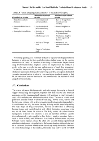Chapter 5 In Situ and Ex Vivo Nasal Models for Preclinical Drug Development Studies 129
Table 5.3 Factors affecting pharmacokinetics of nasal absorption [40].
Dosage form-related Administration-related
Physiological factors factors factors
– Rate of mucociliary
clearance
– Concentration of
active ingredient
– Type of dosage form
(liquid, aerosol,
powder)
– Presence of infection or
allergy
– Physicochemical
properties of drug
– Aerosol droplet size
– Atmospheric conditions – Viscosity of
formulation
– Mechanical drug loss
to the esophagus
– pH of dosage form – Mechanical drug loss
to other regions of
the nose
– Toxicity of dosage
form
– Mechanical loss
anteriorly from the
nose
– Nature of excipients
used
Generally speaking, it is extremely difﬁcult to expect a very high correlation
between in vitro and in vivo nasal absorption studies based on the reasons
summarized in Table 5.3. Therefore, when using excised tissues for preclinical
drug development studies, emphasis should not be placed on the ability of a
model to be used to predict the rate and the extent of nasal drug absorption.
The excised tissue models are more important for conducting mechanistic
studies on factors and strategies for improving nasal drug absorption. Instead of
worrying too much about in vitro–in vivo correlation, emphasis should in fact
be on correlation between various in vitro models used for preclinical nasal
drug absorption studies.
5.7. Conclusions
The advent of potent biotherapeutics and other drugs, frequently in limited
supply during drug development, together with both societal and ﬁnancial
pressures on the pharmaceutical industry, will continue to spur innovative
ways of formulating and administering these drugs. The use of in situ nasal
perfusion, excised human or animal tissues (e.g., rabbit, ovine, canine, and
bovine), and cultured cells as drug screening models is growing in popularity.
Excised tissues are very attractive for drug delivery studies, especially during
the early stages of drug development, because of difﬁculties in obtaining
human tissues, and methodological and ethical limitations associated with
the use of those tissues for research. The leaky nature of excised tissues
(comparable to the in vivo situation) is also an important attribute. Despite
the usefulness of ex vivo models in drug delivery studies, important factors,
such as tissue viability and differences in activity of different nasal enzymes
between various species, should be taken into account during experimental
data interpretation and extrapolation to the human situation. Although the use
of in situ nasal perfusion model is not favored by many researchers, because
of some shortcomings of this method, the model may still be used, provided
 