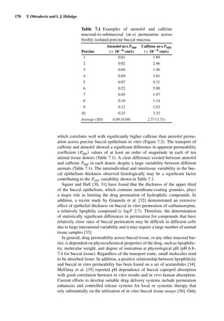 170 T. Obradovic and I. J. Hidalgo
Table 7.1 Examples of atenolol and caffeine
mucosal-to-submucosal (m-s) permeation across
freshly isolated porcine buccal mucosa.
Porcine
Atenolol m-s Papp
(×× 10−6 cm/s)
Caffeine m-s Papp
(×× 10−6 cm/s)
1 0.01 1.89
2 0.02 2.46
3 0.04 1.56
4 0.04 1.61
5 0.07 4.31
6 0.22 5.90
7 0.05 1.97
8 0.10 1.14
9 0.12 1.53
10 0.23 3.32
Average (SD) 0.09 (0.08) 2.57 (1.51)
which correlates well with signiﬁcantly higher caffeine than atenolol perme-
ation across porcine buccal epithelium in vitro (Figure 7.2). The transport of
caffeine and atenolol showed a signiﬁcant difference in apparent permeability
coefﬁcient (Papp) values of at least an order of magnitude in each of ten
animal tissue donors (Table 7.1). A clear difference existed between atenolol
and caffeine Papp in each donor, despite a large variability between different
animals (Table 7.1). The interindividual and intertissue variability in the buc-
cal epithelium thickness observed histologically may be a signiﬁcant factor
contributing to the Papp variability shown in Table 7.1.
Squier and Hall [30, 31] have found that the thickness of the upper third
of the buccal epithelium, which contains membrane-coating granules, plays
a major role in limiting the drug permeation of hydrophilic compounds. In
addition, a recent study by Giannola et al. [32] demonstrated an extensive
effect of epithelial thickness on buccal in vitro permeation of carbamazepine,
a relatively lipophilic compound (c logP 2.7). Therefore, the determination
of statistically signiﬁcant differences in permeation for compounds that have
relatively close rates of buccal permeation may be difﬁcult in diffusion cells
due to large interanimal variability and it may require a large number of animal
tissue samples [33].
In general, drug permeability across buccal tissue, or any other mucosal bar-
rier, is dependent on physicochemical properties of the drug, such as lipophilic-
ity, molecular weight, and degree of ionization at physiological pH (pH 6.8–
7.4 for buccal tissue). Regardless of the transport route, small molecules tend
to be absorbed faster. In addition, a positive relationship between lipophilicity
and buccal in vitro permeability has been found on a set of acetanilides [34].
McElnay et al. [35] reported pH dependence of buccal captopril absorption
with good correlation between in vitro results and in vivo human absorption.
Current efforts to develop suitable drug delivery systems include permeation
enhancers and controlled release systems for local or systemic therapy that
rely substantially on the utilization of in vitro buccal tissue assays [36]. Only
 