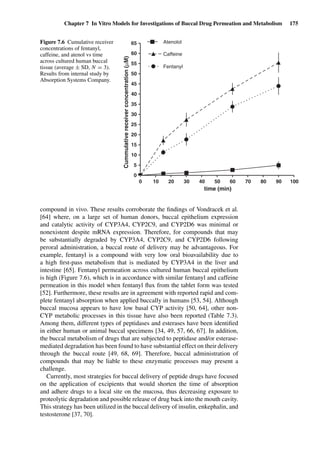 Chapter 7 In Vitro Models for Investigations of Buccal Drug Permeation and Metabolism 175
0 10 20 30 40 50 60 70 80 90 100
0
5
10
15
20
25
30
35
40
45
50
55
60
65 Atenolol
Caffeine
Fentanyl
time (min)
Cummulativereceiverconcentration(µM)
Figure 7.6 Cumulative receiver
concentrations of fentanyl,
caffeine, and atenol vs time
across cultured human buccal
tissue (average ± SD, N = 3).
Results from internal study by
Absorption Systems Company.
compound in vivo. These results corroborate the ﬁndings of Vondracek et al.
[64] where, on a large set of human donors, buccal epithelium expression
and catalytic activity of CYP3A4, CYP2C9, and CYP2D6 was minimal or
nonexistent despite mRNA expression. Therefore, for compounds that may
be substantially degraded by CYP3A4, CYP2C9, and CYP2D6 following
peroral administration, a buccal route of delivery may be advantageous. For
example, fentanyl is a compound with very low oral bioavailability due to
a high ﬁrst-pass metabolism that is mediated by CYP3A4 in the liver and
intestine [65]. Fentanyl permeation across cultured human buccal epithelium
is high (Figure 7.6), which is in accordance with similar fentanyl and caffeine
permeation in this model when fentanyl ﬂux from the tablet form was tested
[52]. Furthermore, these results are in agreement with reported rapid and com-
plete fentanyl absorption when applied buccally in humans [53, 54]. Although
buccal mucosa appears to have low basal CYP activity [50, 64], other non-
CYP metabolic processes in this tissue have also been reported (Table 7.3).
Among them, different types of peptidases and esterases have been identiﬁed
in either human or animal buccal specimens [34, 49, 57, 66, 67]. In addition,
the buccal metabolism of drugs that are subjected to peptidase and/or esterase-
mediated degradation has been found to have substantial effect on their delivery
through the buccal route [49, 68, 69]. Therefore, buccal administration of
compounds that may be liable to these enzymatic processes may present a
challenge.
Currently, most strategies for buccal delivery of peptide drugs have focused
on the application of excipients that would shorten the time of absorption
and adhere drugs to a local site on the mucosa, thus decreasing exposure to
proteolytic degradation and possible release of drug back into the mouth cavity.
This strategy has been utilized in the buccal delivery of insulin, enkephalin, and
testosterone [37, 70].
 